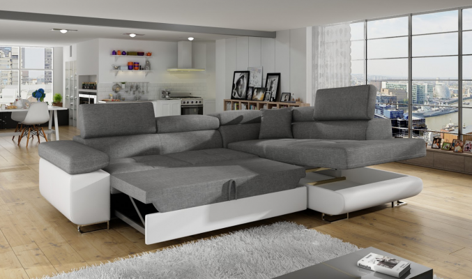 Klassesch Design Ecksofa Sofa Couche Bettfunktioun Canapé Polster Textil Sofae