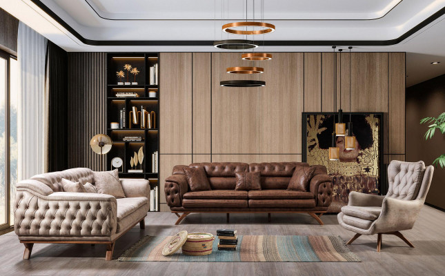 Canapé-Set 3+3+1 Sëtz Miwwel Set Design Sofas Konschtlieder Chesterfield