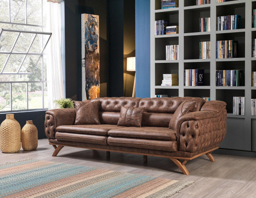 Sofa 3-Sëtzer Chesterfield Stoff Couch Polstersofaen Kënschtlecher Lieder Couchen