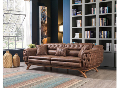 Sofa 3-Sëtzer Chesterfield Stoff Couch Polstersofaen Kënschtlecher Lieder Couchen