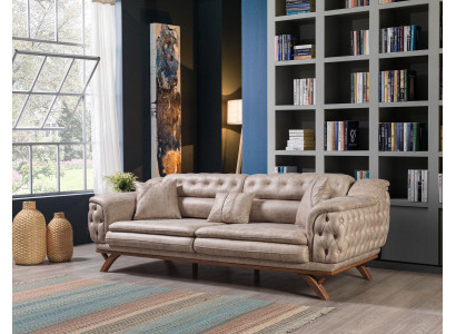 Chesterfield 3-Sëtzer Beige Design Couchen Téissofas Polstersofas Textil Canapé