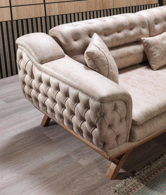 Chesterfield 3-Sëtzer Beige Design Couchen Téissofas Polstersofas Textil Canapé