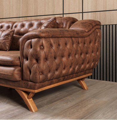 Sofa 3-Sëtzer Chesterfield Stoff Couch Polstersofaen Kënschtlecher Lieder Couchen