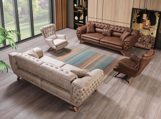 Chesterfield 3-Sëtzer Beige Design Couchen Téissofas Polstersofas Textil Canapé