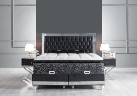 Schlofkummer Set Schwarz Metallbett 2x Nuetsdëscher Luxus Nei 3 Stéck.