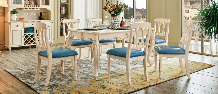 Iesszëmmer Miwwelen Iessdësch 6 x Stull Iess Set Holz Kichen Grupp Garnitur Nei 7tlg.