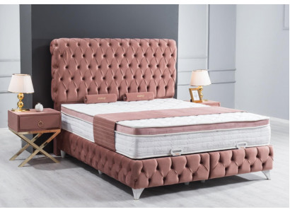 Boxspring Rosa Chesterfield Bett Elegantes Design Luxus 2x Nuetsdësch 3tlg.