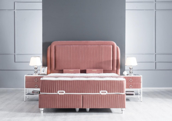 Schlofzëmmer Set Rosa Metallbett Stil 2x Nuetsdëscher Modern Nei 3tlg.