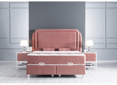 Schlofzëmmer Set Rosa Metallbett Stil 2x Nuetsdëscher Modern Nei 3tlg.