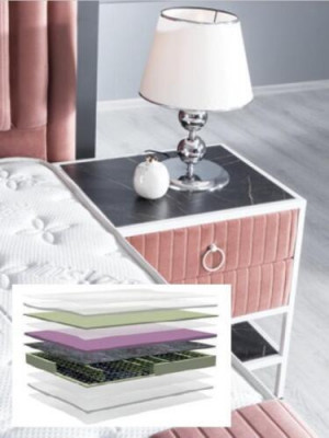 Schlofzëmmer Set Rosa Metallbett Stil 2x Nuetsdëscher Modern Nei 3tlg.