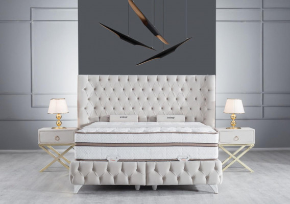 Schlofzëmmer Set Wäiss Boxspring Bett Chesterfield Elegantes 2x Nuetsdëscher 3tlg.