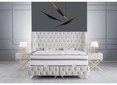 Schlofzëmmer Set Wäiss Boxspring Bett Chesterfield Elegantes 2x Nuetsdëscher 3tlg.