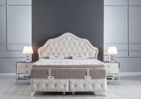 Schlofzëmmer-Set Wäiss Bett Design Stil Modern 2x Nuetsdëscher Boxspring 3-tlg. Nei