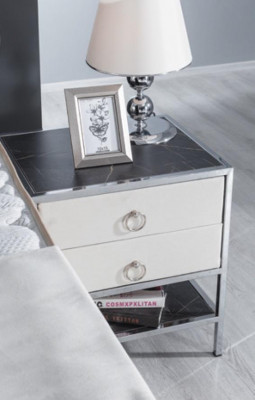 Schlofzëmmer-Set Wäiss Bett Design Stil Modern 2x Nuetsdëscher Boxspring 3-tlg. Nei