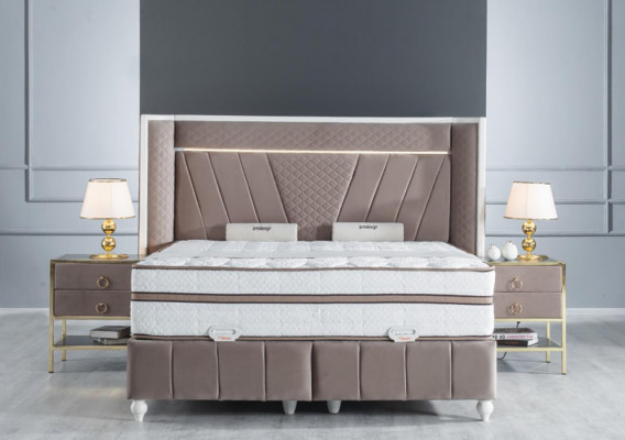 Luxus Schlofzëmmer Set Beige Bett 2x Nuetsdëscher Better Miwwelen Led 3tlg