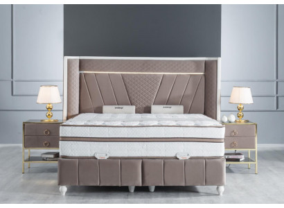 Luxus Schlofzëmmer Set Beige Bett 2x Nuetsdëscher Better Miwwelen Led 3tlg