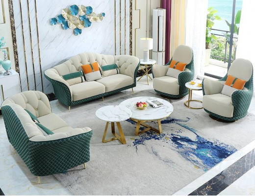 Sofa Garnitur 3+2+1 Sëtzer Lieder Sofa Couch Garnitur Design Beige Gréng