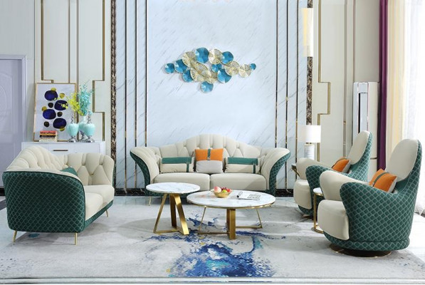 Sofa Garnitur 3+2+1 Sëtzer Lieder Sofa Couch Garnitur Design Beige Gréng