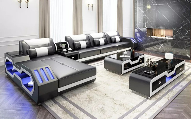 Ledercouch LED beliicht Designer Eckcouch Polster Eckgarnitur Sofa 2stéckeg