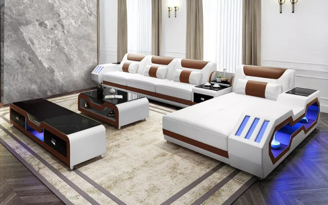 Ledercouch LED beliicht Designer Eckcouch Polster Eckgarnitur Sofa 2stéckeg
