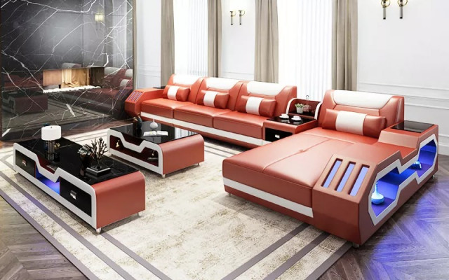 Ledercouch LED beliicht Designer Eckcouch Polster Eckgarnitur Sofa 2stéckeg