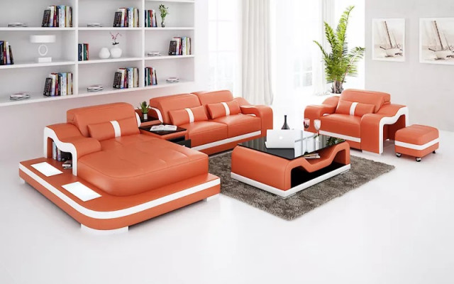 Moderne Eckcouch Couch an L-Form Dekosessel, Salon Dësch, Hocker, Eckcouch, Polstersëtz