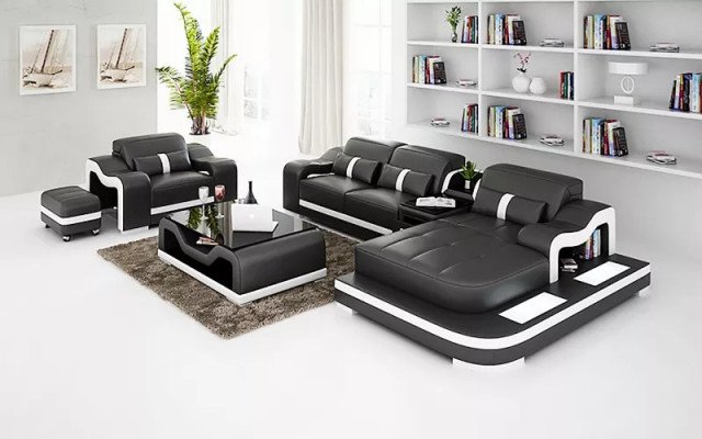 Moderne Eckcouch Couch an L-Form Dekosessel, Salon Dësch, Hocker, Eckcouch, Polstersëtz