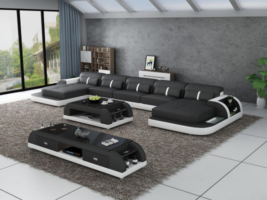 Ecksofa Ledersofa mat USB Grouss U-Form Wunnlandschaft Sofa Couch Garnitur Lieder nei