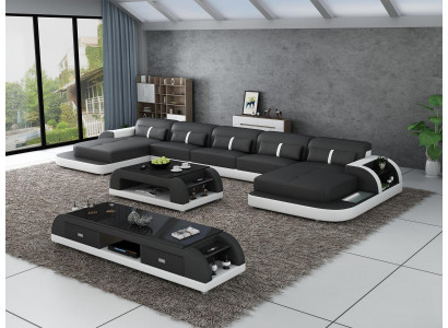 Ecksofa Ledersofa mat USB Grouss U-Form Wunnlandschaft Sofa Couch Garnitur Lieder nei