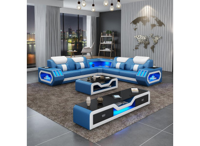 Eckcouch L Form Stilldësch Sofa Couch Design Polster Lieder Modern Blo Dësch nei