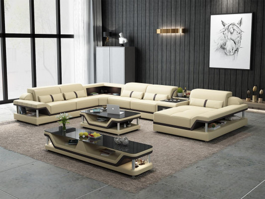 Eckcouch Beige mat 2-Stéck Couchdësch. Wunnzëmmer Ledersofa Set Eckgarnitur Dësch