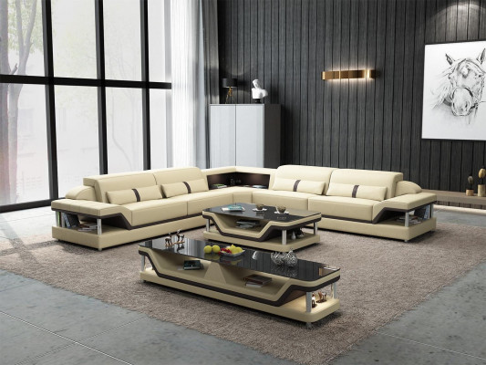 Ecksofa schwaarz mat Salonsdësch 3tlg. Wunnzëmmer Ledersofa Set Eckgarnitur Dësch