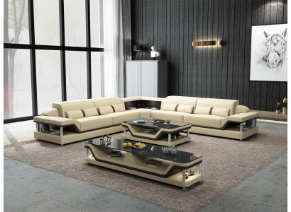 Ecksofa schwaarz mat Salonsdësch 3tlg. Wunnzëmmer Ledersofa Set Eckgarnitur Dësch