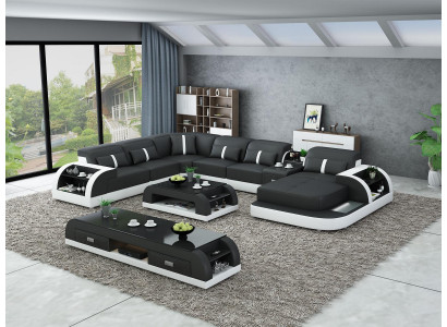 Garnitur Design Wunnlandschaft Ecksofa Sofa Canapé U-Form Dësch Lieder 2tlg. Sets