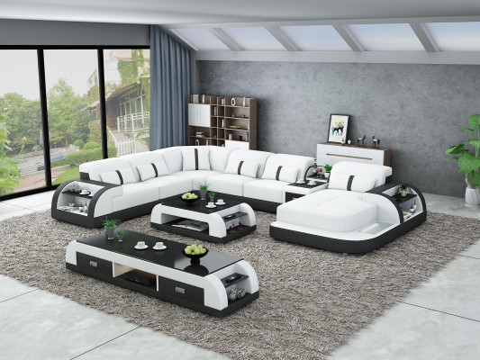 Garnitur Design Wunnlandschaft Ecksofa Sofa Canapé U-Form Dësch Lieder 2tlg. Sets