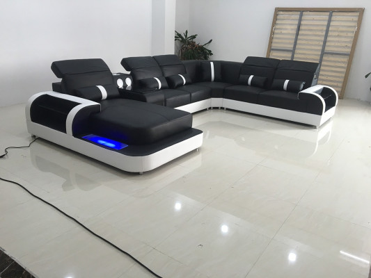 Modern schwaarz-wäiss Eckgarnitur Sofa Polster Eckcouch Couch U-Form Sofas LED nei