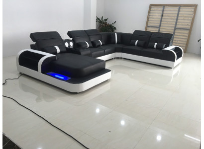 Modern schwaarz-wäiss Eckgarnitur Sofa Polster Eckcouch Couch U-Form Sofas LED nei