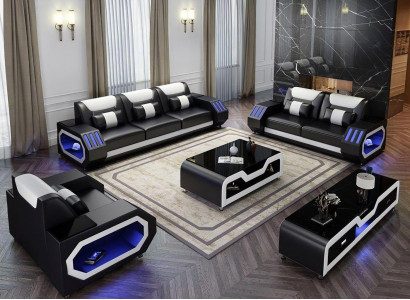 Ledersofa Canapé Wunnlandschaft 321 Sëtz Garnitur Design Modern Canapé mat USB