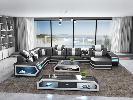 Polster Ecksofa Ongewéinlech Wunnlandschaft Eckgarnitur Couches Sofas USB LED