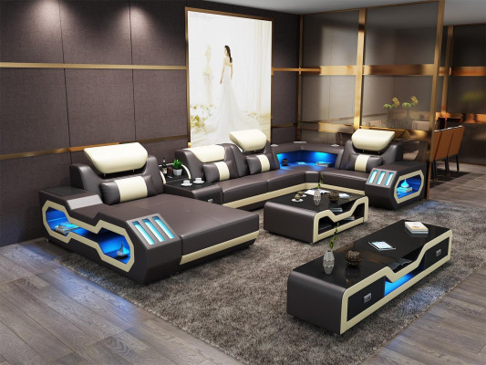 Ecksofa U-Form Dësch aus Lieder Couch Designersofa 2tlech Set mat LED USB.