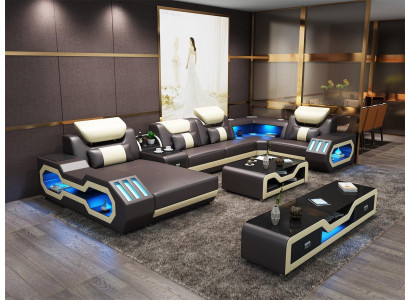 Ecksofa U-Form Dësch aus Lieder Couch Designersofa 2tlech Set mat LED USB.