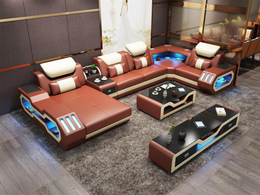 Ecksofa U-Form Dësch aus Lieder Couch Designersofa 2tlech Set mat LED USB.