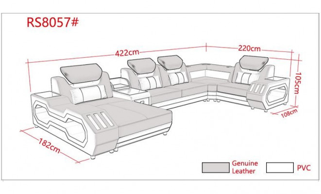 Ecksofa U-Form Dësch aus Lieder Couch Designersofa 2tlech Set mat LED USB.