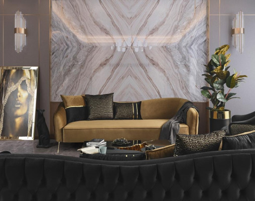 Gëllene Stoff 3-Sëtzer Textilsofa brong Canapé Polstersofas Sofas Miwwelen
