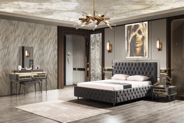 Luxus Chesterfield Bett mat Edelstolrahmen Édelt Better Schwaarzen Textil