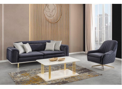 Modern Wunnzëmmer Set blaue Canapé + bloe Fauteuil + Couchtisch nei modern