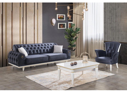 Wunnzëmmer Miwwele Couchen Sofa Chesterfield Still Couchtisch 3tlg Stoff