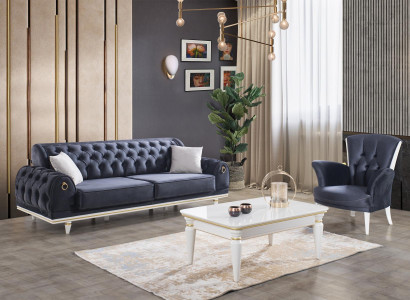 Wunnzëmmer Miwwele Couchen Sofa Chesterfield Still Couchtisch 3tlg Stoff