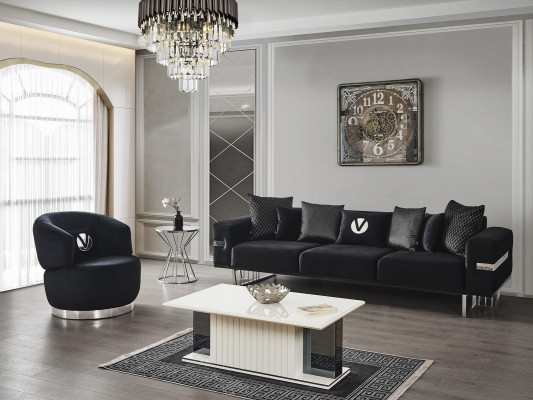 Modern Wunnzëmmer Set Schwaarzt Sofa schwaarze Sesselen Dësch nei