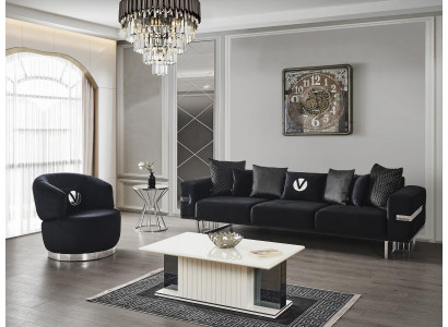 Modern Wunnzëmmer Set Schwaarzt Sofa schwaarze Sesselen Dësch nei